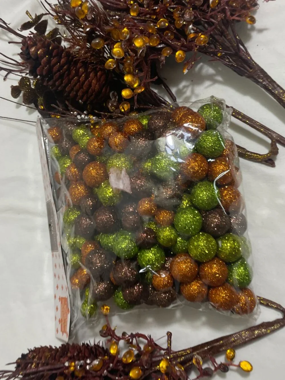 Lot of 3 Fall Pumpkin Pinecone Berry Floral Picks & Glitter Scatter Fillers Deco